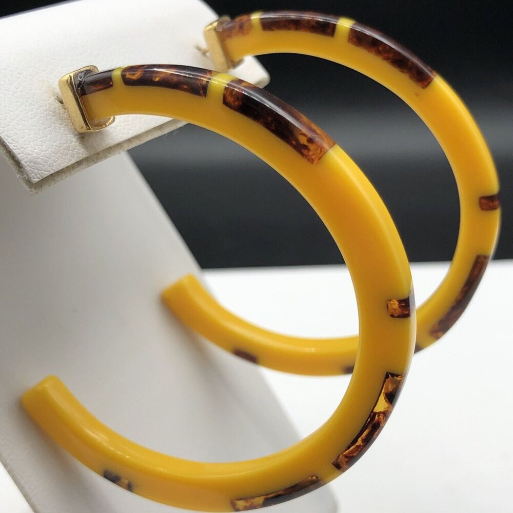 Hoop‎ Earrings Large Faux Tortoiseshell Yellow Acrylic Gold Tone Posts
